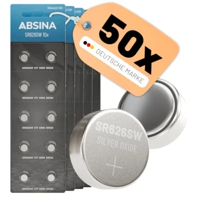 Afbeelding van ABSINA SR626SW Horlogebatterij, 1,55 V, zilveroxide, 5 x verpakking van 10 stuks, knoopcellen SR626SW, lekvrij en lange houdbaarheid, 377/SR66/SR626/AG4, batterij knoopcel