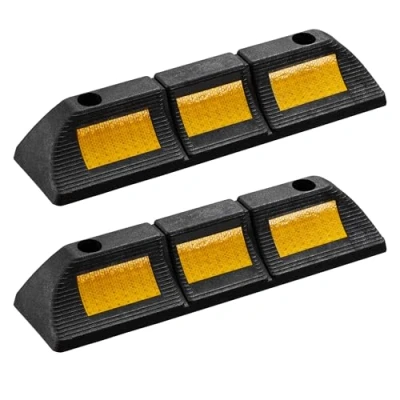 Afbeelding van Wiltec wielstopper 47,5 x 12 8 cm, 2x rubberen parkeerhulp, varkensruggen met gele reflecterende strips &amp; schroefgroeven, parkeerplaatsafzetting voor garage en parkeerplaatsen