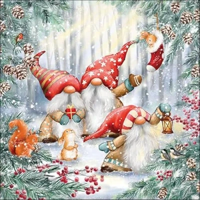 Afbeelding van Ambiente 20 servetten Kerstmis dwergen met dieren in het winterbos als tafeldecoratie. Papieren motief. Ook voor decoupage en servettentechniek 33x33cm