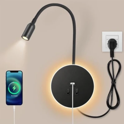 Afbeelding van Awekliy 3W+9W LED Zwanenhals Leeslampje,Bedlampjes Met Schakelaar wandlamp Lamp usb laadstation, verstelbare spotverlichting slaapkamer omgevingsverlichting (3W 3000k + 8W 6000k) stekker,Zwart