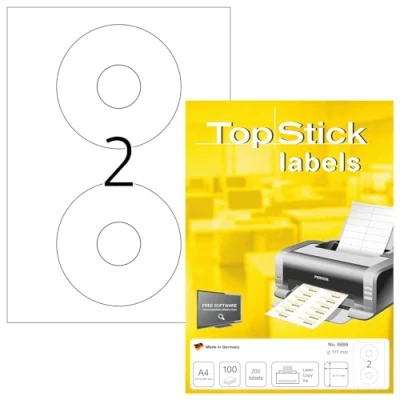 Afbeelding van TopStick 8696 CD etiketten A4 (Ø 117 mm, 100 vellen, papier, mat) zelfklevend, bedrukbaar, permanente klevende stickers, 200 voor printer, wit