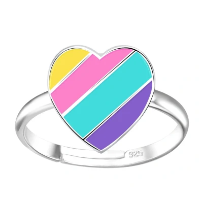 Afbeelding van JoyS Zilveren hartje ring verstelbaar regenboog multicolor strepen voor kinderen