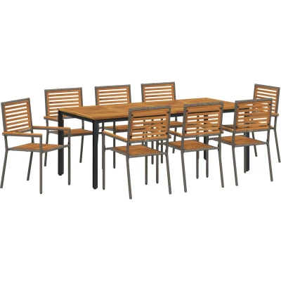 Afbeelding van vidaXL 9 delige Tuin Eet Set Grijze Poly Rattan Acacia, Stapelbare Tuinstoelen met Kussens 2 stuks Rattan, Tafel 200x90x75 cm Massief Acacia Hout en Metaal