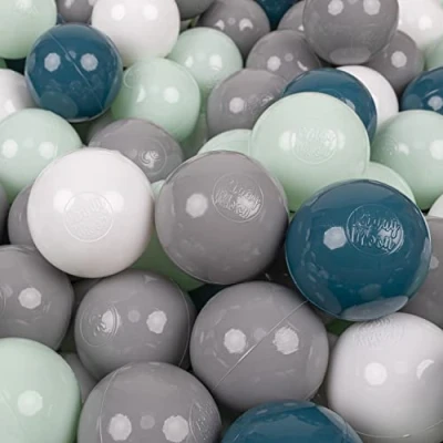 Afbeelding van KiddyMoon 100 ballen/7cm kinderballen speelballen voor ballenbad baby effen plastic ballen made in eu, donker turquoise/grijs/wit/mint