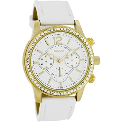 Afbeelding van OOZOO Timepieces Goudkleurige horloge met witte leren band C5645