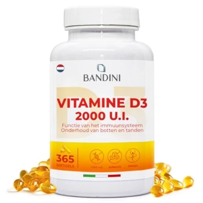 Afbeelding van Bandini® Vitamine D3 2000 IE LEVERING 1 JAAR Hoge dosis 50 μg IN EXTRA VERGEIGE OLIJFOLIE voor optimale opname Draagt ​​bij aan de bot , spier en immuunfunctie 365 softgels