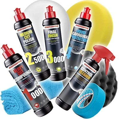Afbeelding van Detailmate Menzerna Autopolitoer 250 ml: Super Heavy Cut 1000 + Medium 2500 Final Finish 3000 Liquid Carnaubawas 3 x polijstpad microvezel polijstdoek 3M band
