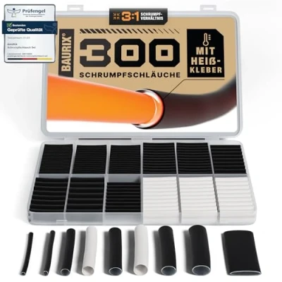 Afbeelding van BAURIX® Krimpkous Set 300 Stuks I 3:1 Krimpverhouding Waterdicht met Smeltlijm Binnenlaag Waterdichte Afdichting IP67 Lengte per Isoleerbuis 88mm