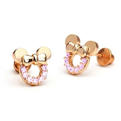 Afbeelding van baobei Mouse minnie sieraden voor vrouwen rose goud verguld sterling zilver Cubic Zircons roze kristal holle Mickey Stud Oorbellen cadeau meisjes kinderen (f1783)