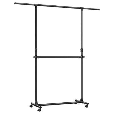 Afbeelding van SONGMICS Kledingrek met 2 kledingstangen, uittrekbare garderobestang, wieltjes, garderobestand, in hoogte verstelbaar tussen 113 en 180 cm, verstelbare onderstang, zwart LLR401B01