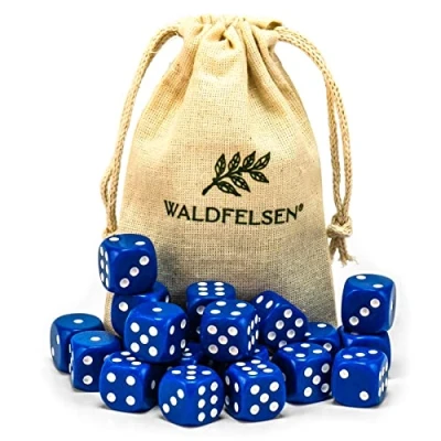 Afbeelding van Waldfelsen 6, 12, 20, 30 of 50 hoogwaardige dobbelstenen, standaardformaat, 16 mm, acryldobbelstenen, speeldobbelstenen, 6 zijdig, zeszijdig speelaccessoireset met stoffen zak (blauw, 20