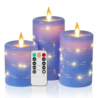 Afbeelding van Da by blauw led kaarsen, 360 graden kijkhoek, met sterrenlichtketting, set van 3 lichtkettingen, afstandsbediening 10 toetsen, 24 uurs timerfunctie, dansende vlam, echte was