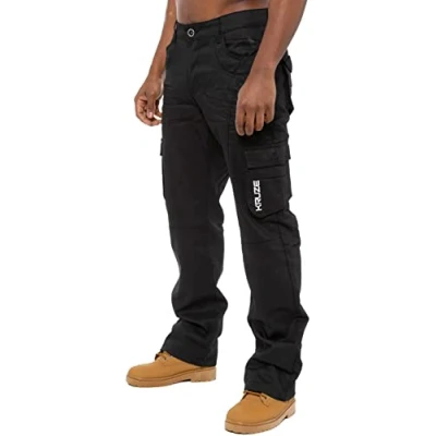 Afbeelding van BRAND KRUZE Heren Cargo Combat Denim Jeans KZ103 Werkbroek Broek Alle Taille Maten, Zwart, 32W / 30L