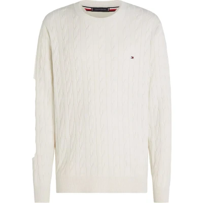 Afbeelding van Tommy Hilfiger heren Kabelgebreide trui met logoborduring in de kleur Gebroken wit, maat: XL