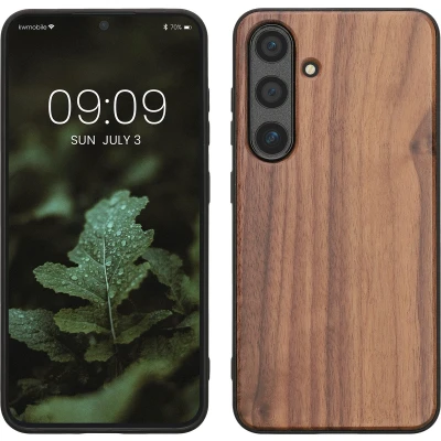 Afbeelding van kwmobile telefoonhoesje geschikt voor Samsung Galaxy S24 Hoesje met bumper in donkerbruin Backcover hout