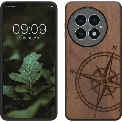 Afbeelding van kwmobile telefoonhoesje geschikt voorOnePlus 13 Hoesje met bumper walnoothout In donkerbruin Vintage Kompas design