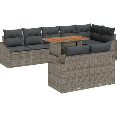 Afbeelding van vidaXL 9 delige Tuin Eetset met Kussens Grijs Poly Rattan Acacia