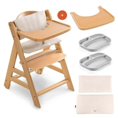 Afbeelding van hauck Kinderstoel Alpha Plus Move Voordeelset Houten Meegroeistoel met Wieltjes, Eetblad, 5 Punts Gordel, Zitkussens en Siliconen Babybordjes Tot 90 kg Hout/Beige