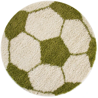 Afbeelding van Fun Voetbal Kinderkamer Vloerkleed Hoogpolig Groen Wit 120 cm rond