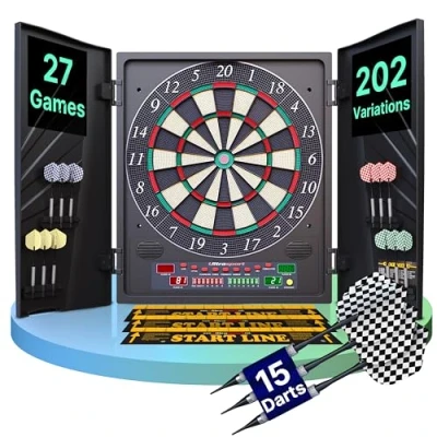 Afbeelding van Ultrasport Elektronisch dartbord met deuren, klassiek dartspel voor 16 spelers, LED display, 38 spellen en vele varianten/dartbord inclusief 12 soft darts afsluitbare deuren