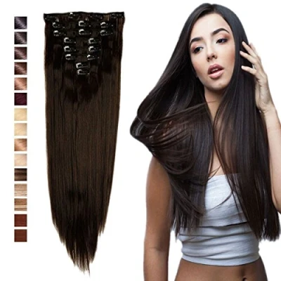 Afbeelding van S noilite Clip in extensies, haarverlenging, glad, 8 delige set, 18 clips, stuks, voor het hele hoofd, net echt haar, 58 cm, donkerbruin