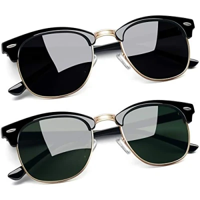 Afbeelding van Joopin Gepolariseerde zonnebril heren dames 100% uv bescherming, vintage half frame rechthoekige zonnebrillen (glanzend zwart+legergroen)