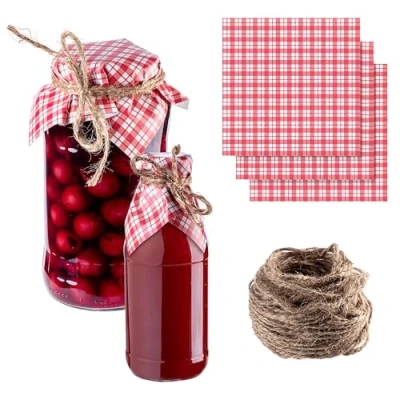 Afbeelding van KADAX Sieradendekens voor inmaakpotten, decoratieve dekens met jute koord jampotten, jampotten van papier (rood ruitpatroon, 50 stuks)