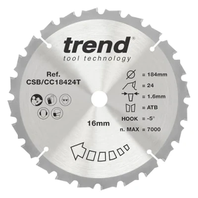 Afbeelding van Trend CraftPro TCT Negatieve haak Dunne Kerf Cross Cutting verstekzaagblad, 184mm diameter, 16mm Boring, 24 tanden, 1,6 mm kerf, 5 haak, CSB/CC18424T