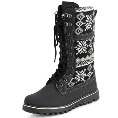 Afbeelding van Polar Dames Nepbont Warm Thermisch Waterdicht Outdoor Wandelen Sneeuw Winter Rubberen zoolkuitlaarzen Zwart gebreid UK6 / EU39 YC0609