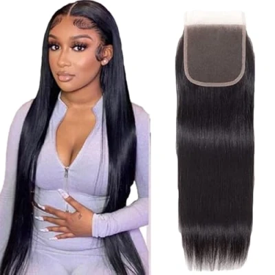 Afbeelding van Tuheerst Brazilian Hair Closure Human 4x4 Lace Straight with Natural Hairline Black Color Virgin Remy 18 Inches