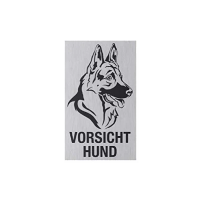 Afbeelding van Metafranc Kleefbord &quot;Vorsicht Hund&quot; 100 x 60 mm Van aluminium in moderne roestvrijstalen look zelfklevende achterkant/bewegwijzering/infobord/waakhond / 507420
