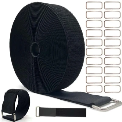 Afbeelding van Brede 5 cm x 40 ft lange kabelriemen met 20 zware metalen gespen, verstelbare nylon haak en lus spanbanden, vrije snijlengte, herbruikbaar, zwart