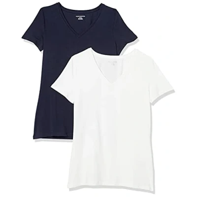 Afbeelding van Amazon Essentials Women&#039;s T shirt met korte mouwen en V hals in klassieke pasvorm, Pack of 2, Marineblauw/Wit, L