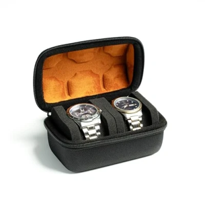 Afbeelding van 2 slot horloge Roll Travel Case voor mannen, Harde Rits Organizer doos Groot met anti move kussen (Zwarte microfiber voering)