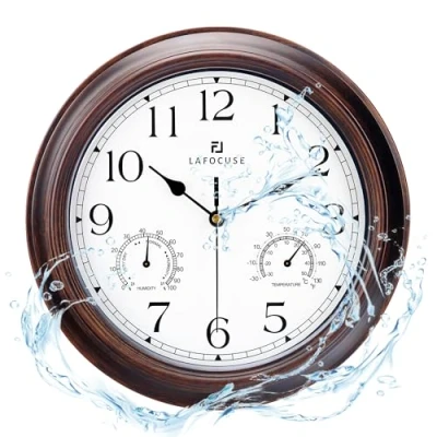 Afbeelding van Lafocuse Stille Retro Mahonie Kleur ​Wandklok met Thermometer en Hygrometer 30 cm Analoog Muurklok voor Keuken Woonkamer Slaapkamer Kantoor Garage