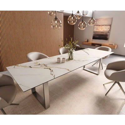 Afbeelding van DELIFE Eetkamertafel Edge 300x100 keramiek Calacatta Luxe wit goud grijs RVS Schmal