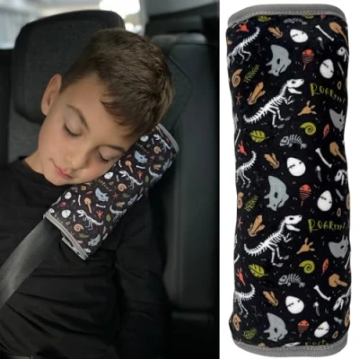 Afbeelding van HECKBO auto slaapkussen voor kinderen machine wasbaar zacht autogordelkussen, gordelbeschermer, gordelkussen, autokussen, reiskussen, vakantie 30x12cm (Dinosaurus Skelet)