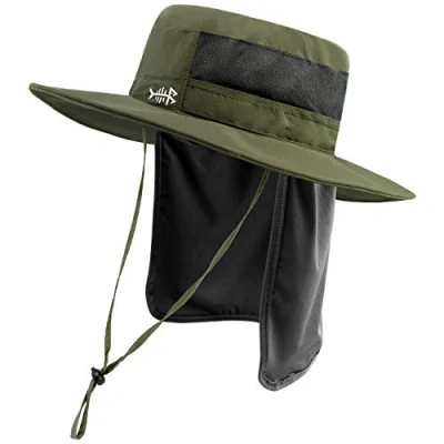 Afbeelding van BASSDASH Zonnehoed, vissershoed, emmerhoed, UPF 50+ uv bescherming, waterdichte tactische vishoed met brede rand, instelbare maat, afneembare halsklep, voor heren en dames, legergroen, Eén maat
