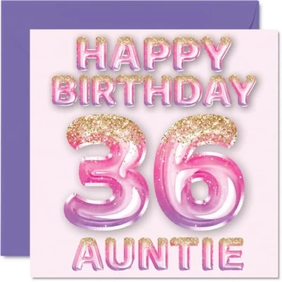 Afbeelding van 36e verjaardagskaart voor tante roze en paarse glitterballonnen gelukkige verjaardagskaarten 36 jarige van neef nichtje, 145 mm x cadeau