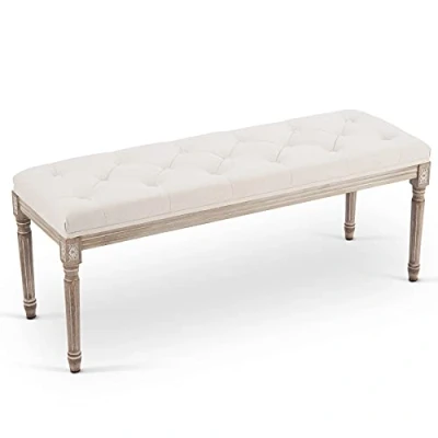 Afbeelding van VONLUCE Zitbank vintage retro met knopen van verschillende lengtes, Gestoffeerde bank linnen en hout, gevoerde zitting, Schoenenbank voor entryway, Bedbank lounge hocker, Krukbank slaapkamer woonkamer, Beige (120 x 40 46 cm)