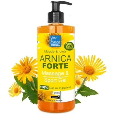 Afbeelding van blauw en marineblauw Bretania Arnica Forte Gel 90% Biologisch Spier gewrichtsmassage Huidbevochtiger Verlichting voor vermoeide voeten Pijnstillende verzorging acne striae 200 ml