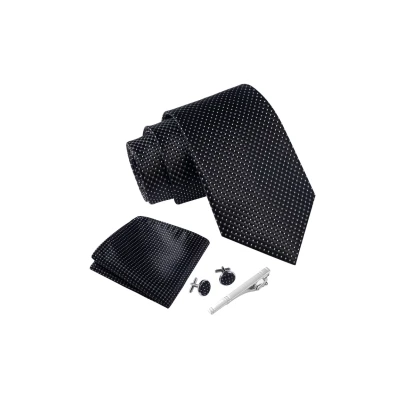 Afbeelding van Stropdas set Zwart Gestippeld met manchetknopen, pochet en dasspeld luxe stropdassen voor heren in Geschenkdoos Mens tie witte stippen