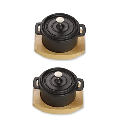 Afbeelding van ECHTWERK Kookpan, 2 delige set van gietijzer, mini kookpan met serveerplank, kleine braadpan, al ingebrand, geschikt voor ovens, grill, BBQ en inductie, ideaal om te serveren, 250 ml