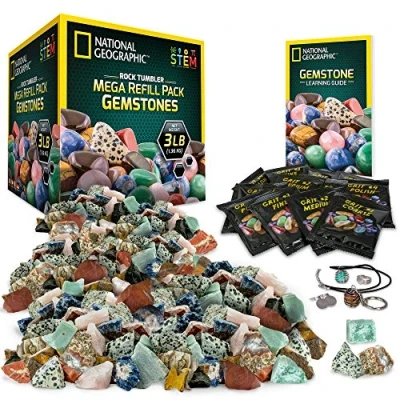 Afbeelding van National Geographic Rock Tumbler Mega Refill Kit 1,4 kg edelstenen van 9 soorten, waaronder tijgeroog, amethist en kwarts 4 soorten gruis, sieradenbevestigingen gedetailleerde leergids