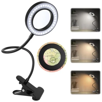 Afbeelding van 5 x vergrootglas met licht, 3 modi en 10 dimniveaus, klemlamp voor kantoor, thuisgebruik, zwanenhals, klemlamp, lezen, reizen, slaapkamer, kantoor