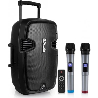 Afbeelding van Draagbaar PA systeem voor karaoke, externe draadloze Pyle bluetooth luidspreker, compatibel met 1000 W, oplaadbare batterij, wielen, USB MP3 RCA, 2 UHF microfoons, afstandsbediening,
