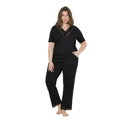 Afbeelding van Ulla Popken Dames grote maten plus size pyjama, kant, V hals, halflange mouwen, zakken, zwart, 50/52
