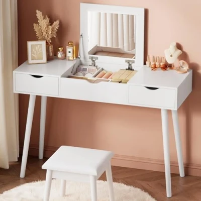 Afbeelding van EUGAD make uptafel met spiegel en kruk, kaptafel opklapbare spiegel, bureau 2 laden, 100 x 40 75 cm (l b h), uptafel, computertafel groot tafelblad, wit