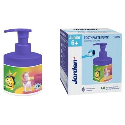 Afbeelding van Jordan ® Junior tandpastapomp, tandpasta op een pompdispenser, gelijkwaardig aan 3 reguliere tubes Innovatieve en handige oplossing ontwikkeld voor kinderen 6 12 jaar 1450 ppm 150 ml