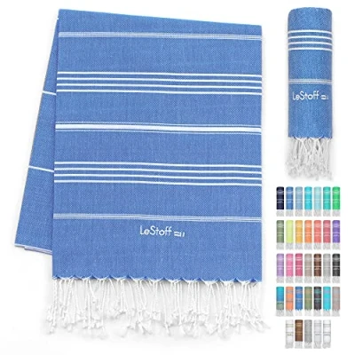 Afbeelding van LeStoff de traditionele Hamamdoek Strandlaken Badhanddoek Saunahanddoek Douchehanddoek Spa Sport Yoga Reizen 100% Biologisch Katoen. Duurzaam, natuurlijk, zacht en voorgewassen. (95 x 180 cm, Sky Blue)